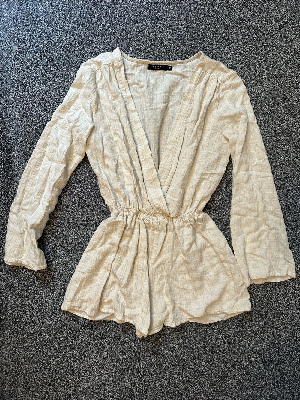 Maven Cream Textured Long-Sleeve V-Neck Romper